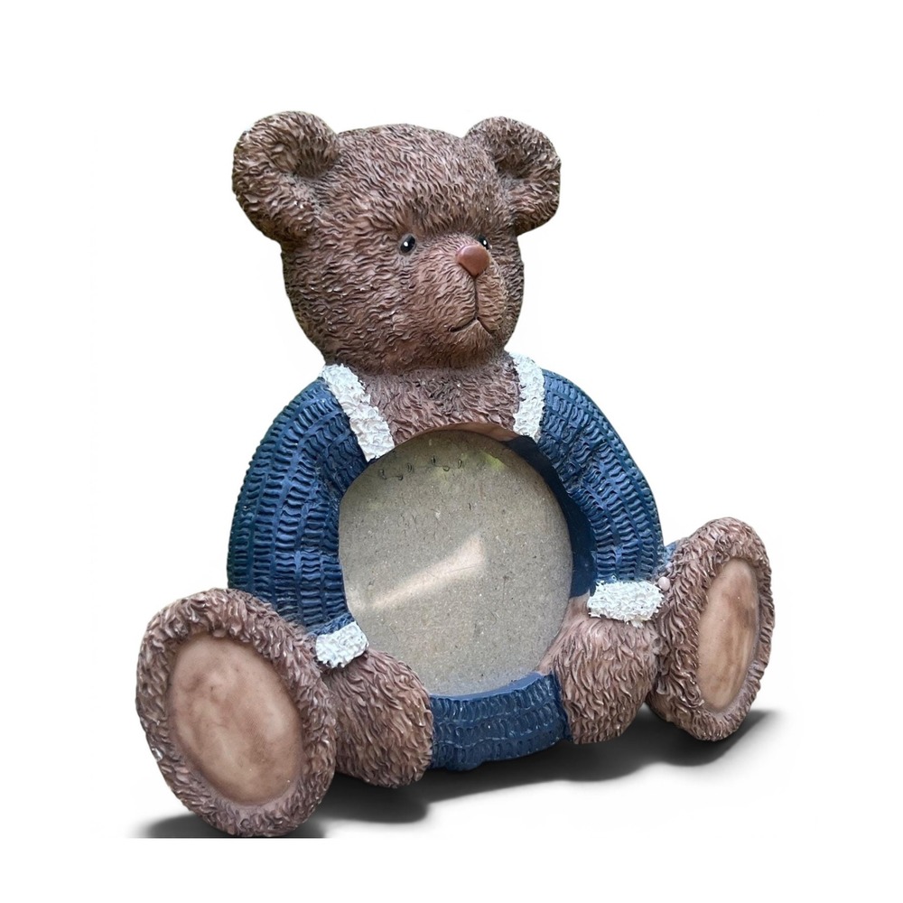 Vintage 2001 Anna Krajewski Resin Teddy Bear Picture Frame Blue Sweater Nursery